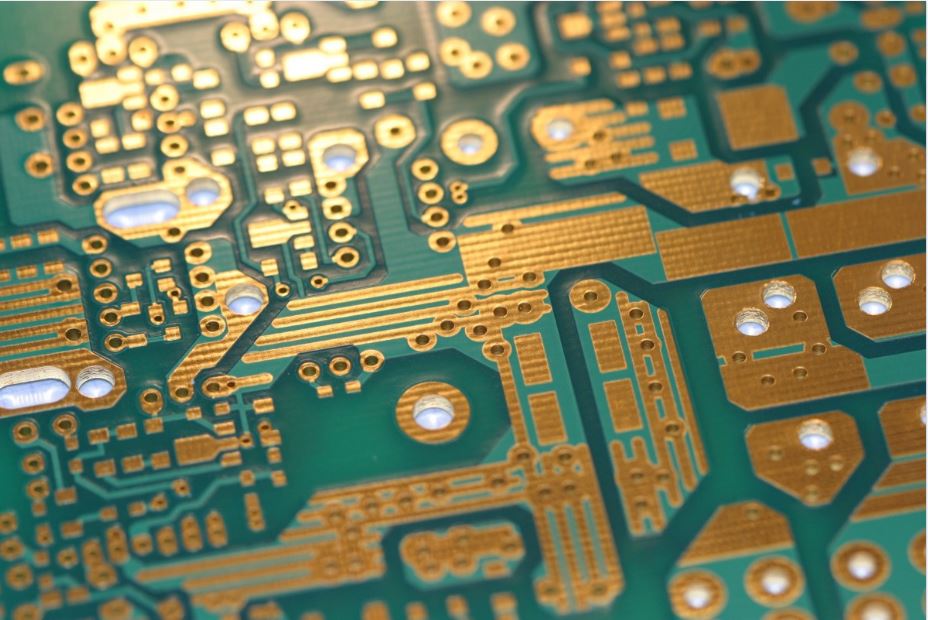 close up of circuit board, showing gold