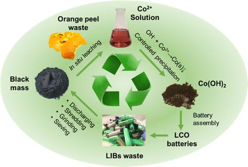 Schematic showing the process of using orange peels to extract metals from lithium-ion batteries